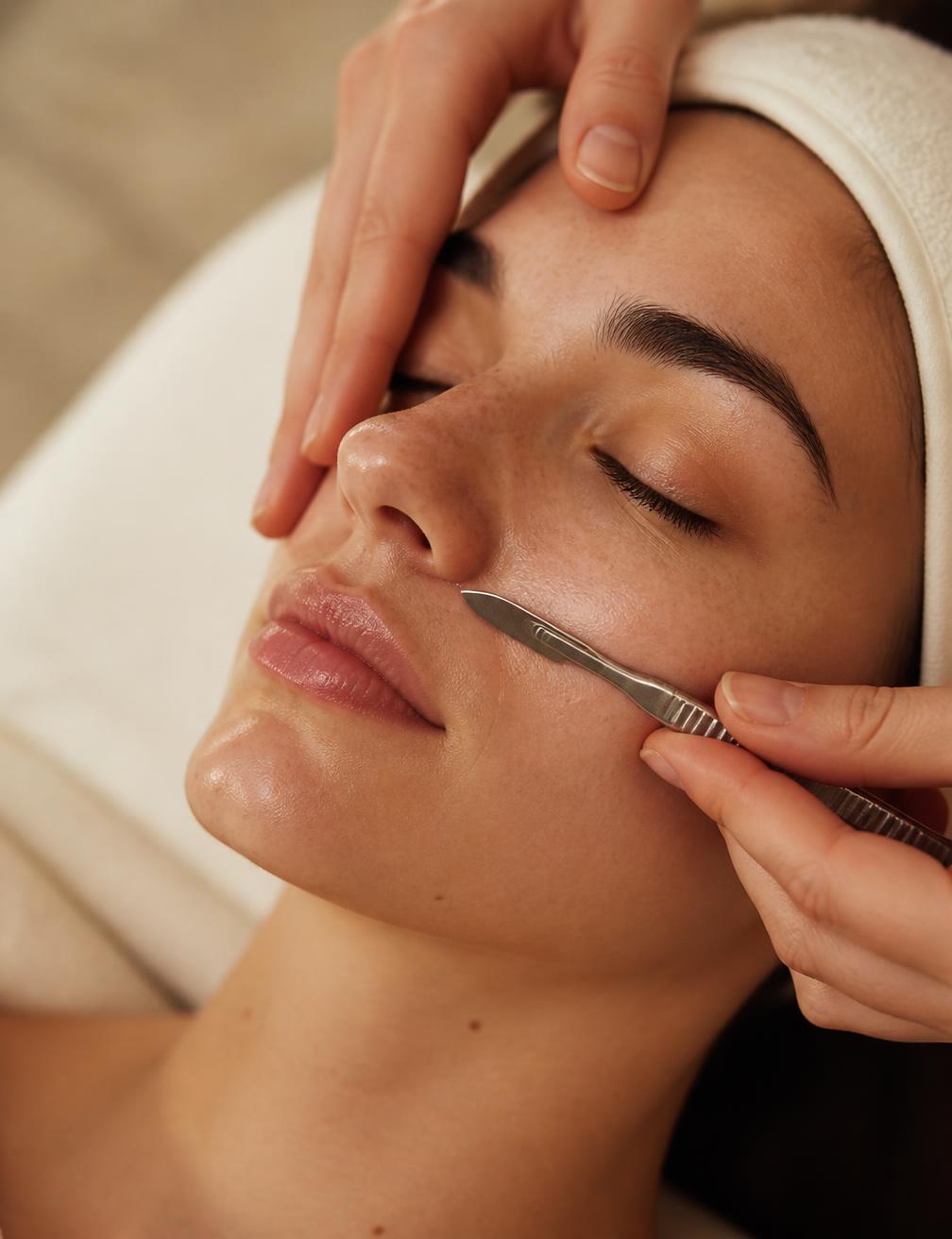 Procedimento facial delicado sendo realizado em uma cliente de olhos fechados
