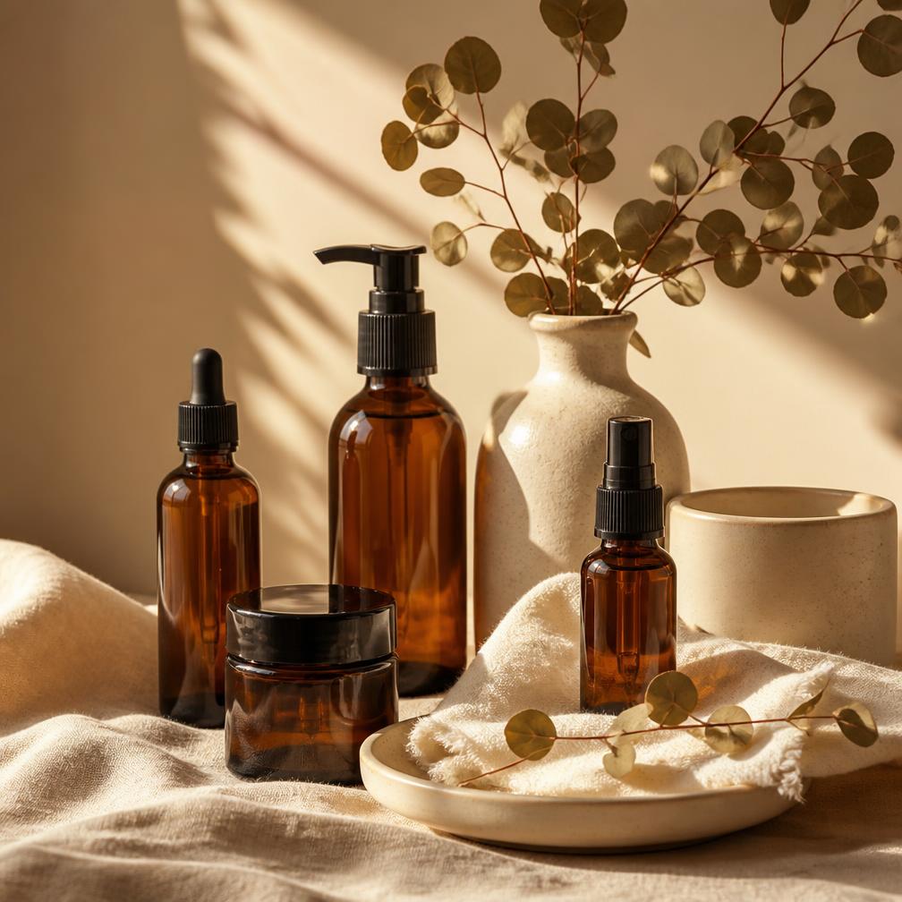 Cosméticos em frascos âmbar sobre linho com luz natural
